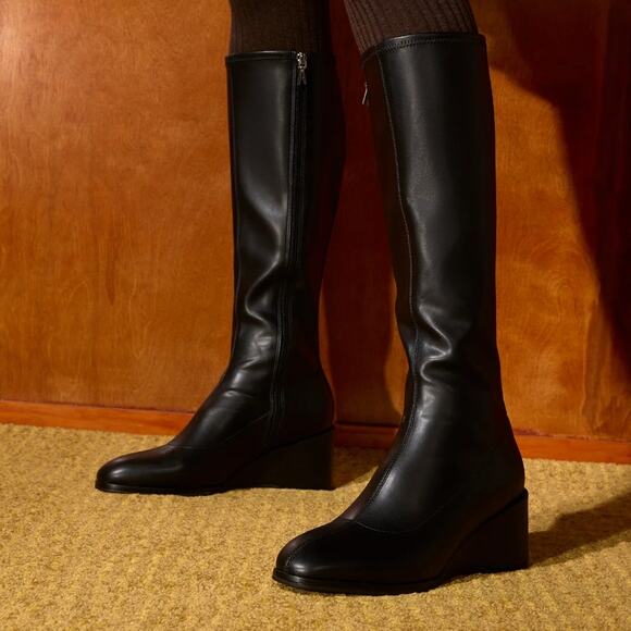 Aerosoles Angela Black Faux Leather Square Toe Wedge Knee High Tall Boots - Picture 1 of 15